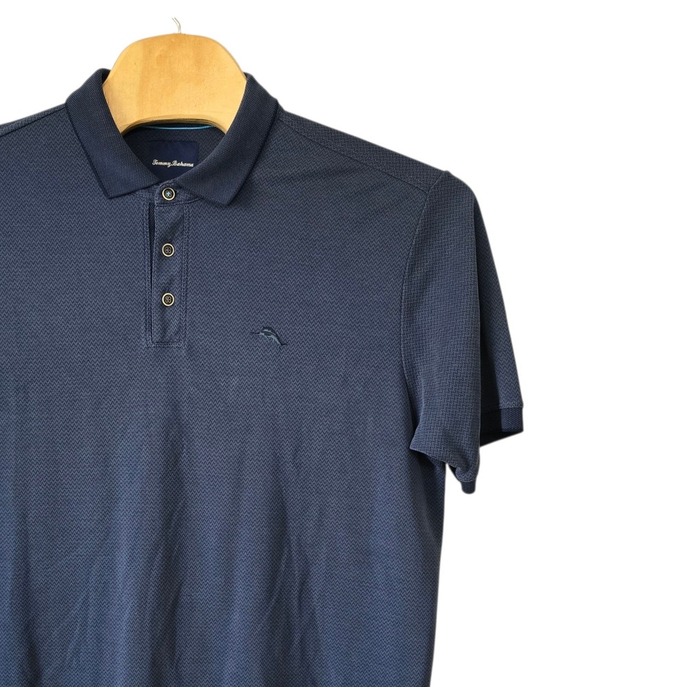 Tommy Bahama Mens XL Navy Blue Chevron Textured Modal Blend Polo Shirt Short Slv